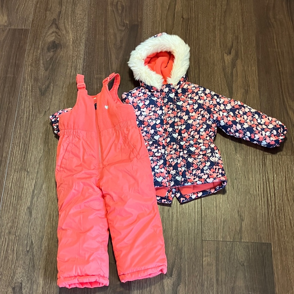 NWOT OshKosh B'gosh Pink and Navy Floral Puffer Jacket and Bib Set